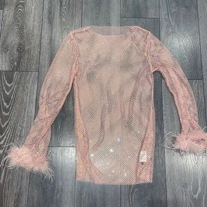 Brand New White Fox Mesh Glitter Feather Dress